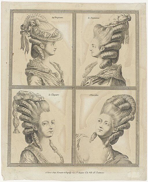Fashion History - Parisian Head Dresses:</b> Gallerie des Modes et Costumes Français (1776), Wikimedia Commons
