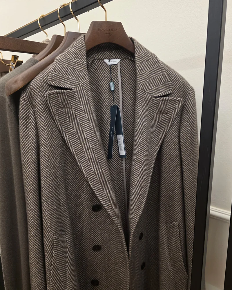 Herringbone Coat at Boglioli Fall 2026 Menswear Presentation at Milan Menswear Fashion Week