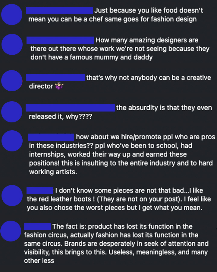 Let’s Be Real: Celebrities as Creative Directors is Actually Absurd - Social Media Comments. Source: boringnotcom via Instagram