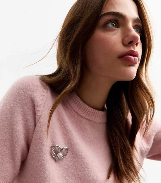 New Look Silver Tone Heart Faux Pearl Diamanté Brooch