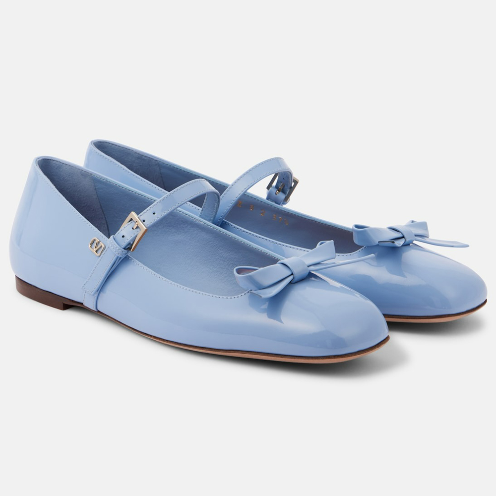 Valentino Garavani Romance Bow Patent Leather Mary Jane Flats in Popeline Blue