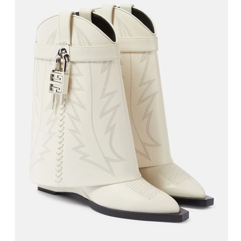 Givenchy Shark Lock Cowboy Leather Ankle Boots in Ivory